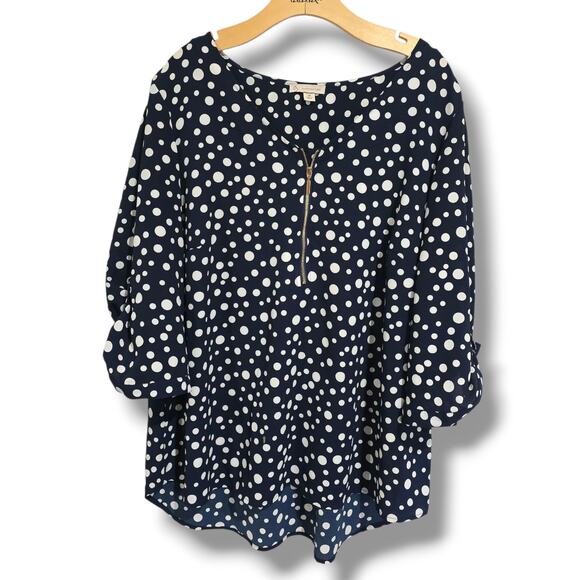 Dressbarn Women’s Plus Size 2X Navy Blue Polka Dot Blouse – Polyester Spandex - Picture 3 of 6